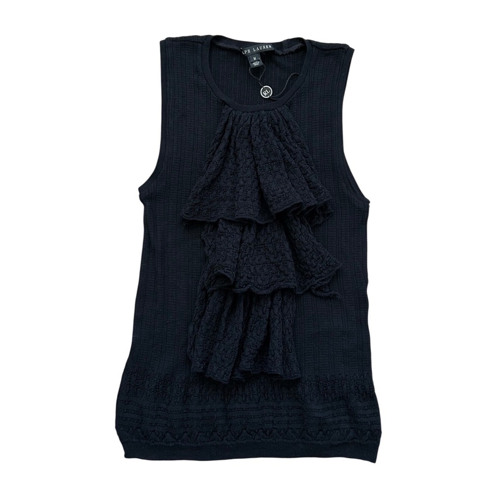 Ralph Lauren Black Label 100% Silk Ruffle Front Knit Top Black M Sleeveless nwot